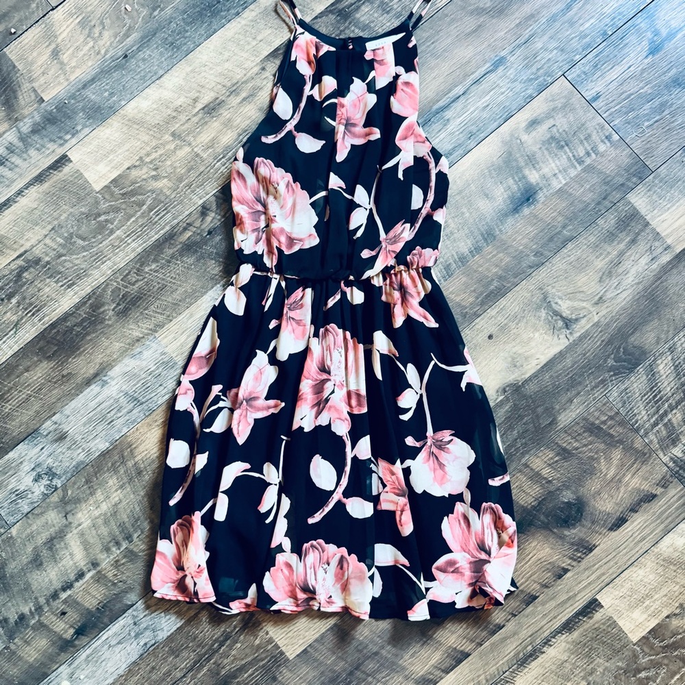 Lush Black Dress with Pink Floral Accents